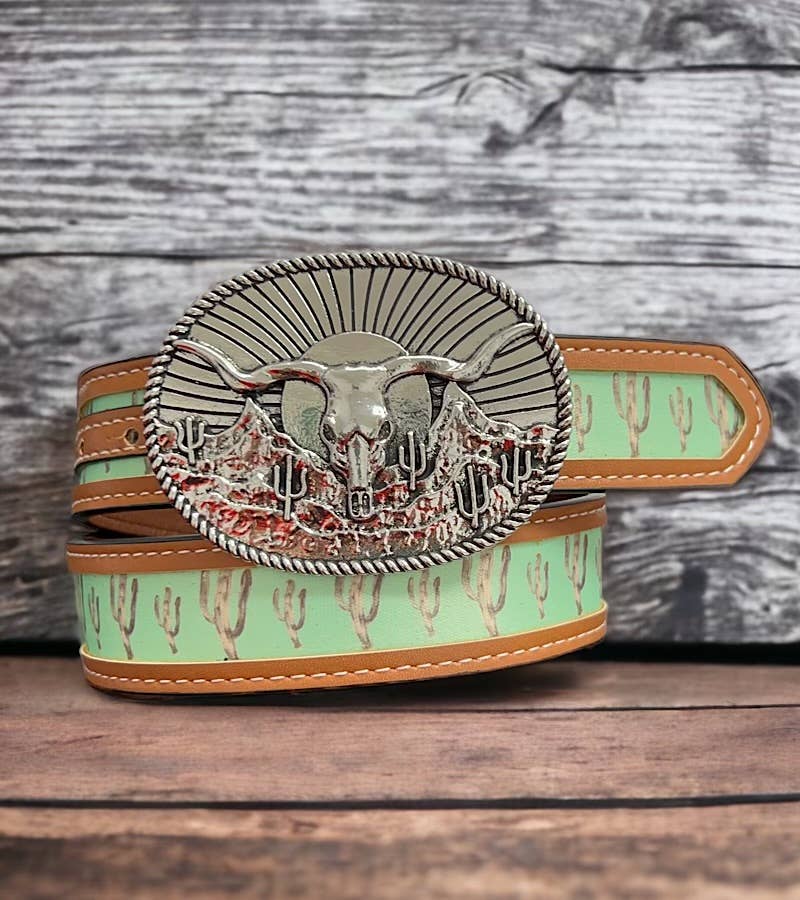 CACTUS PRINTED KIDS BELT WITH LONGHORN COW BUCKLE.