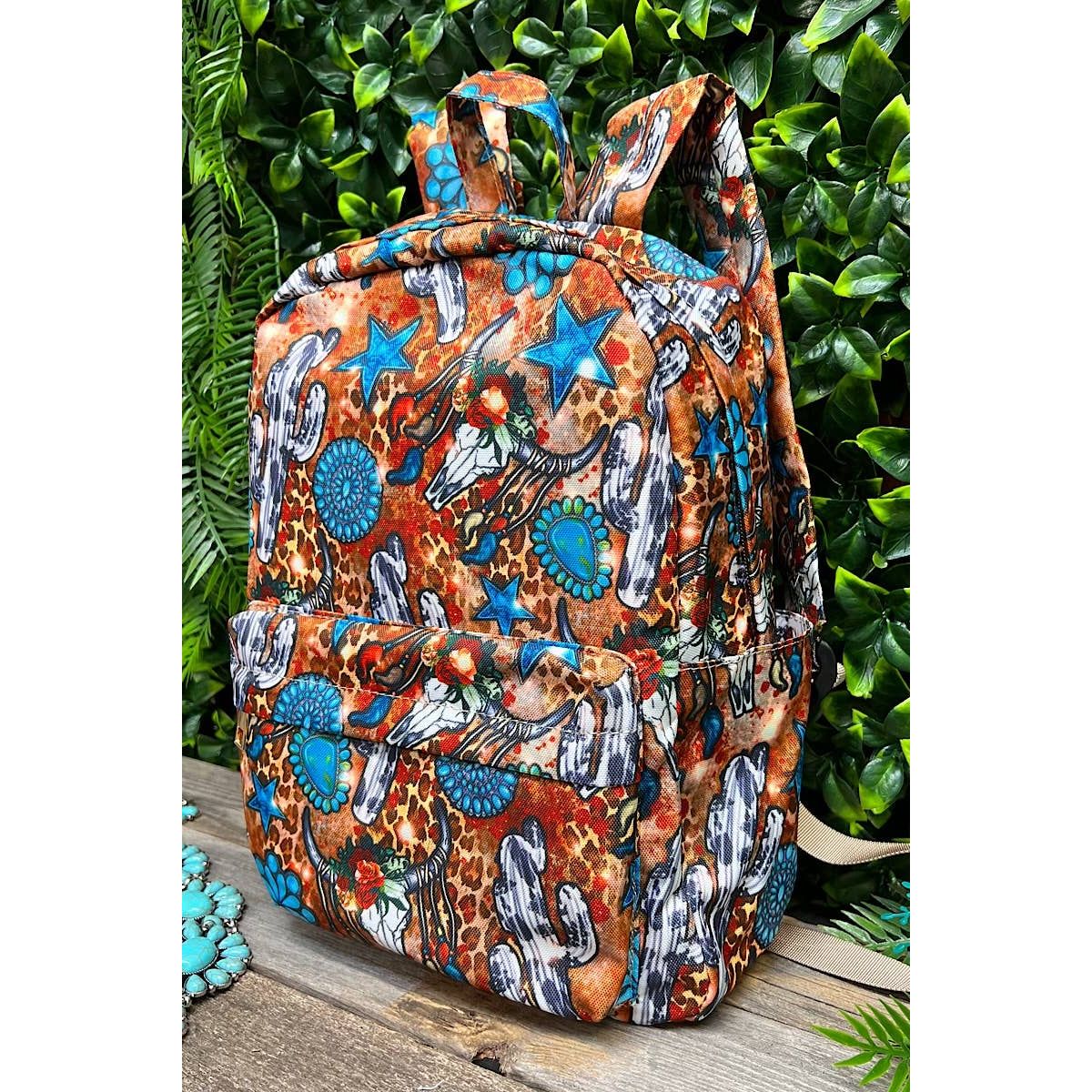 CONCHO, STAR & COW CACTUS PRINTED SMALL SIZE BACKPACK.