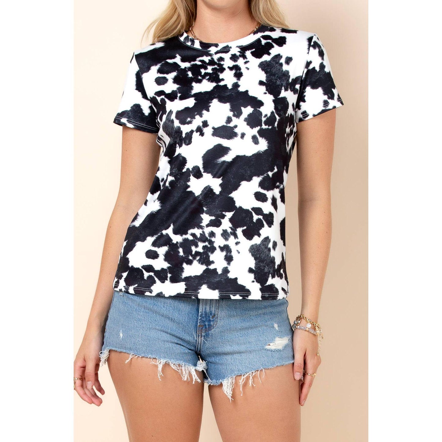 Nylon Apparel - X128-1929-Lola Abstract Cow Print Regular T Shirts