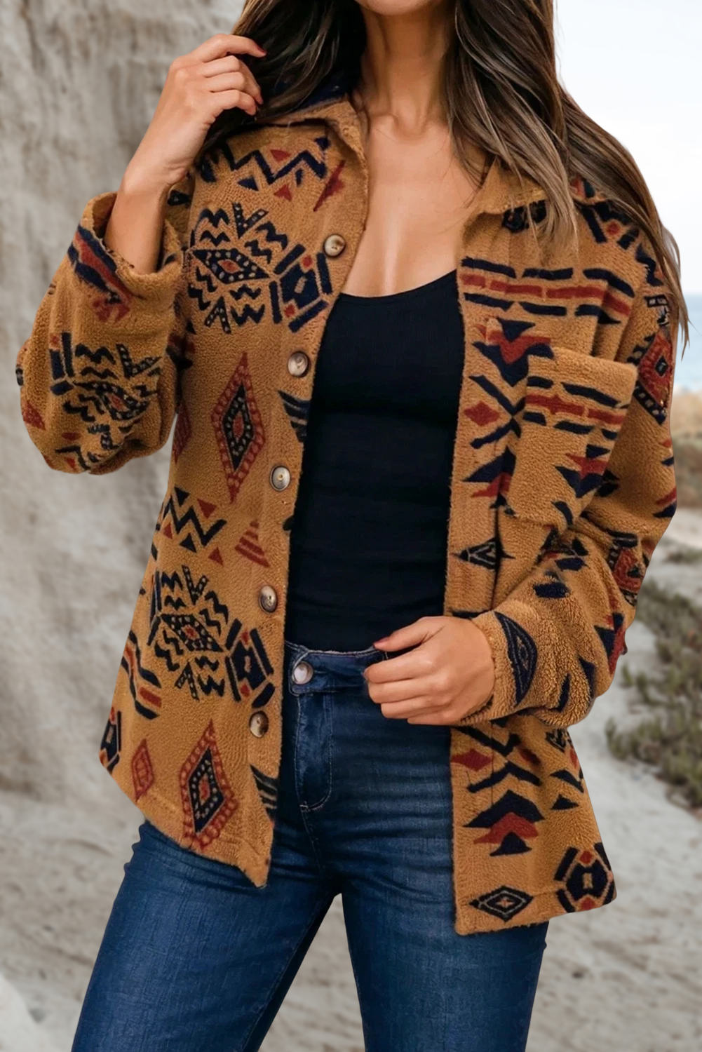 Western Aztec Pattern Fleece Shacket