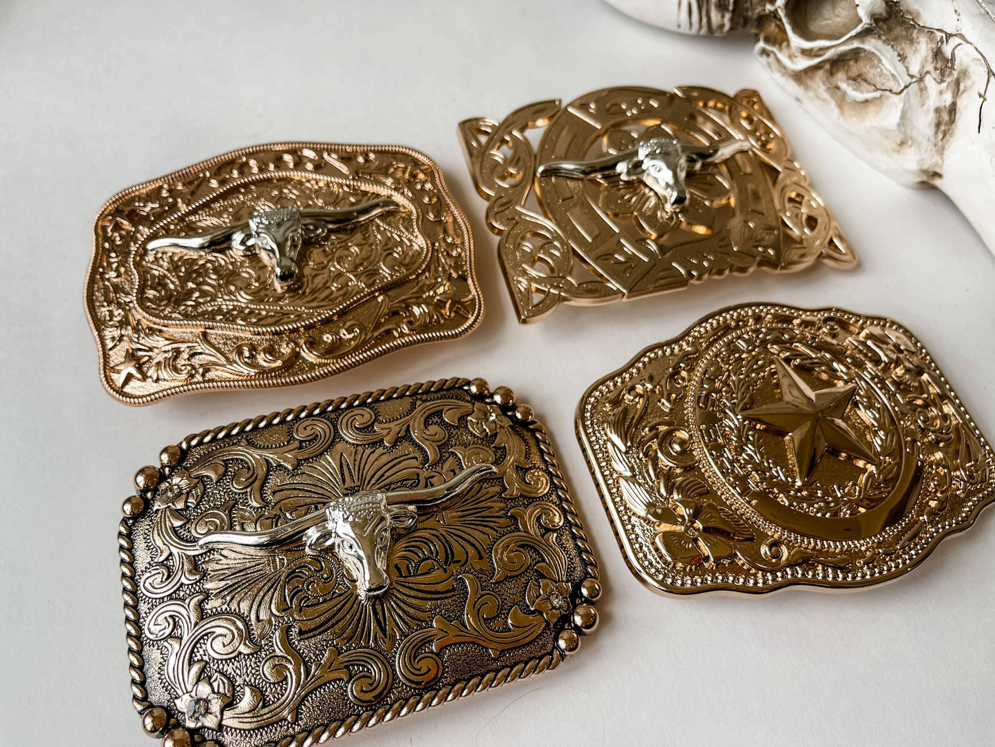 Western Longhorn Belt Buckle Silver - Rose Gold - Gold