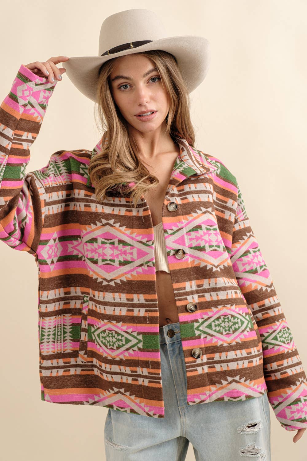 32621J - Aztec Jacquard Mock Neck Button Up Western Jacket