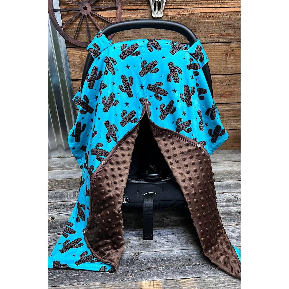 CACTUS PRINTED ON TURQUOISE CAR SEAT COVER & BROWN MINKY