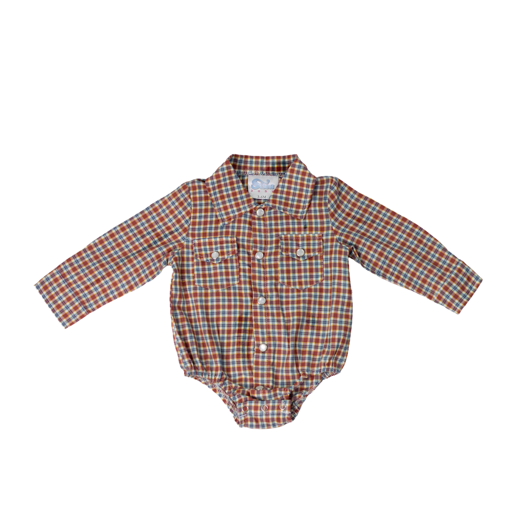 Shea Baby Red Plaid LS Pearl Snap Onesie, BPL01