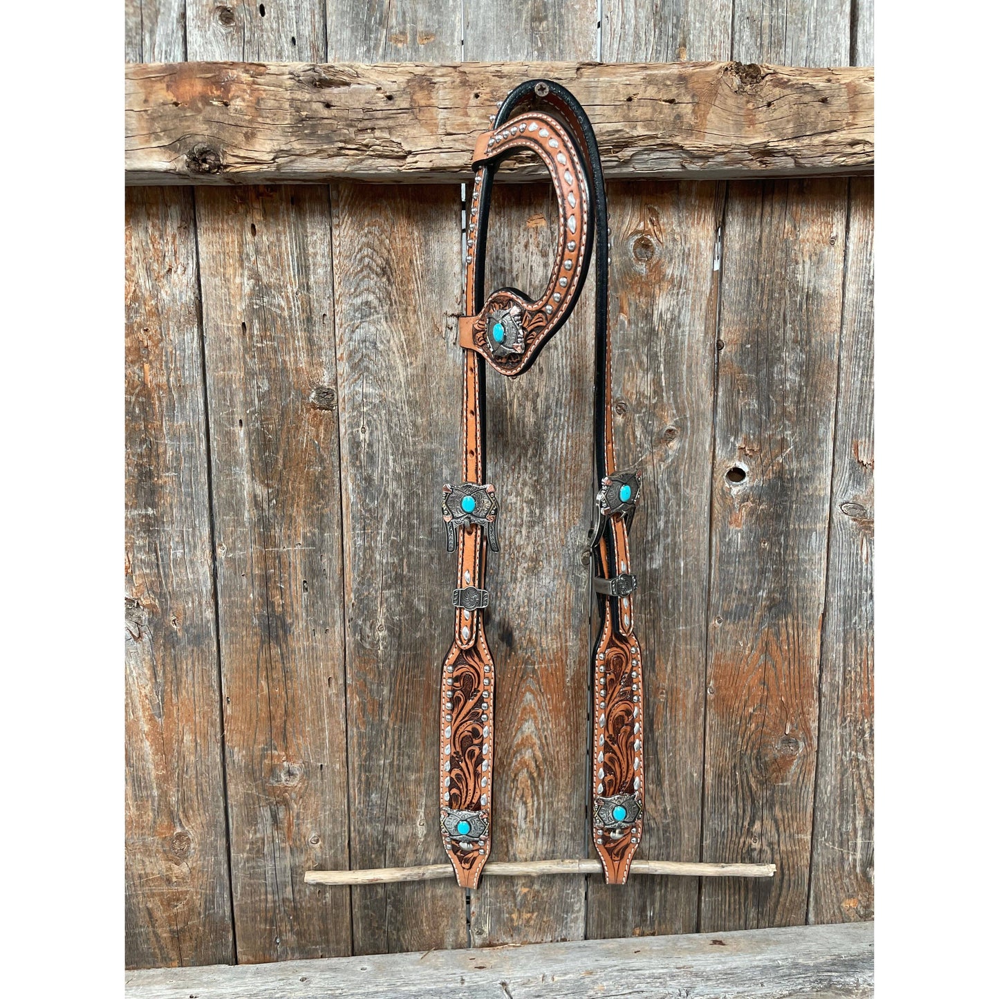 Rodeo Drive - Silver Buck stitch with Turquoise Browband / One Ear / Breast collar TACK SET #BBBC478