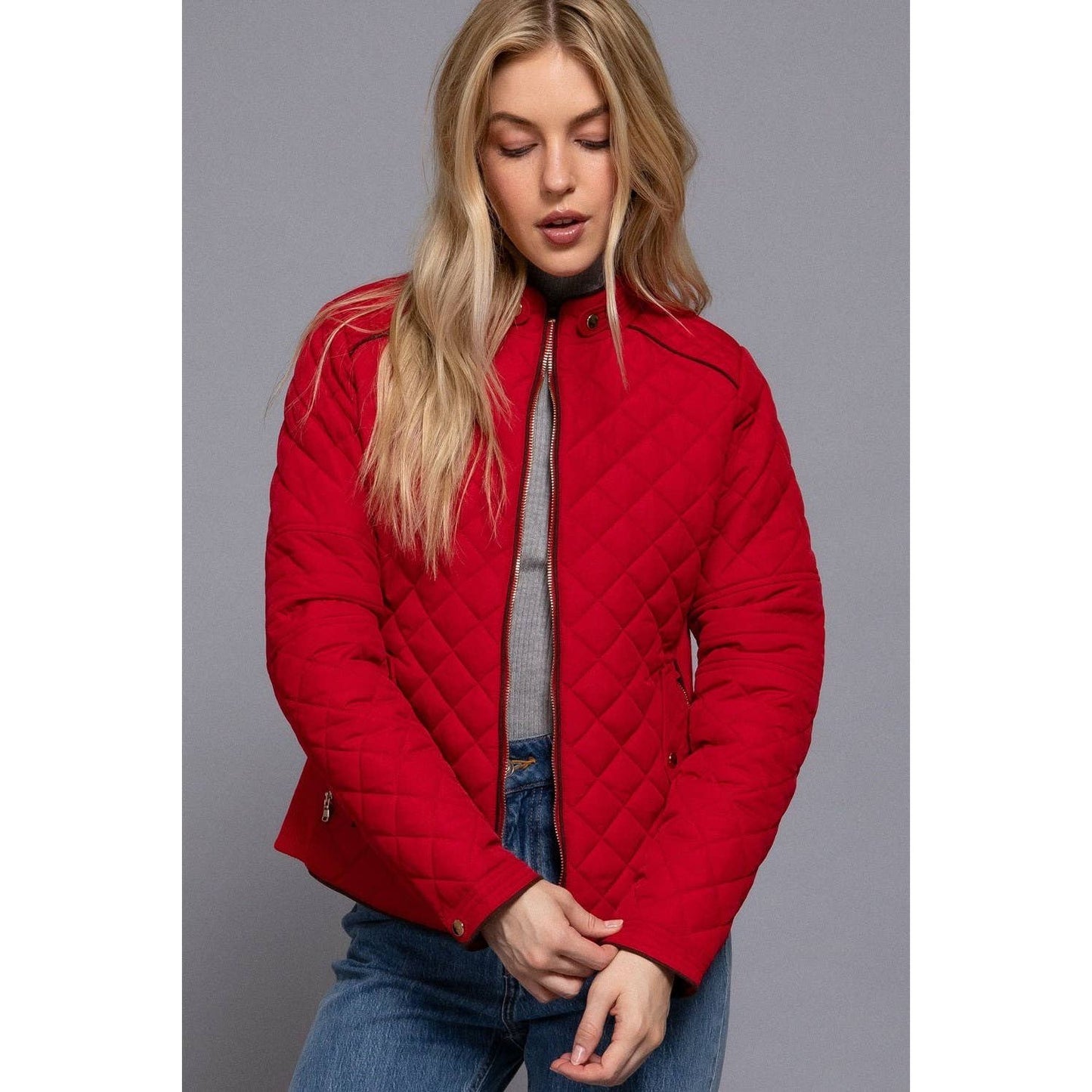 Suede Piping Detail Side Rib Quilted Padding Jacket