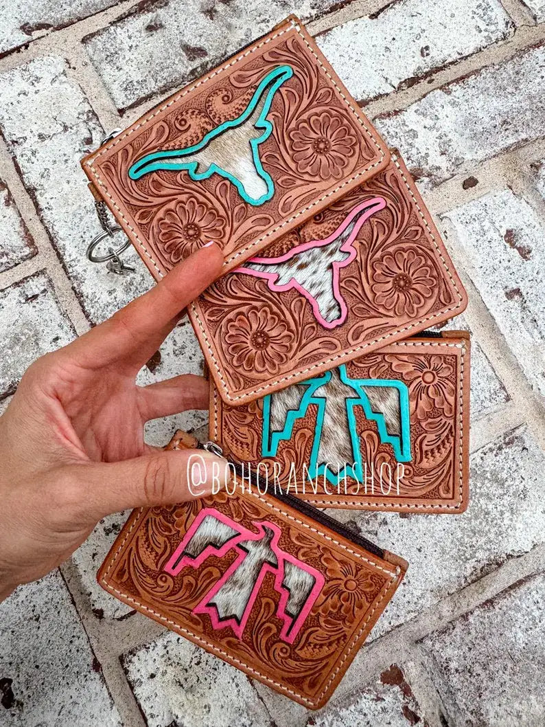 TAN Cowhide Leather Keychain Wallet Longhorn Thunderbird