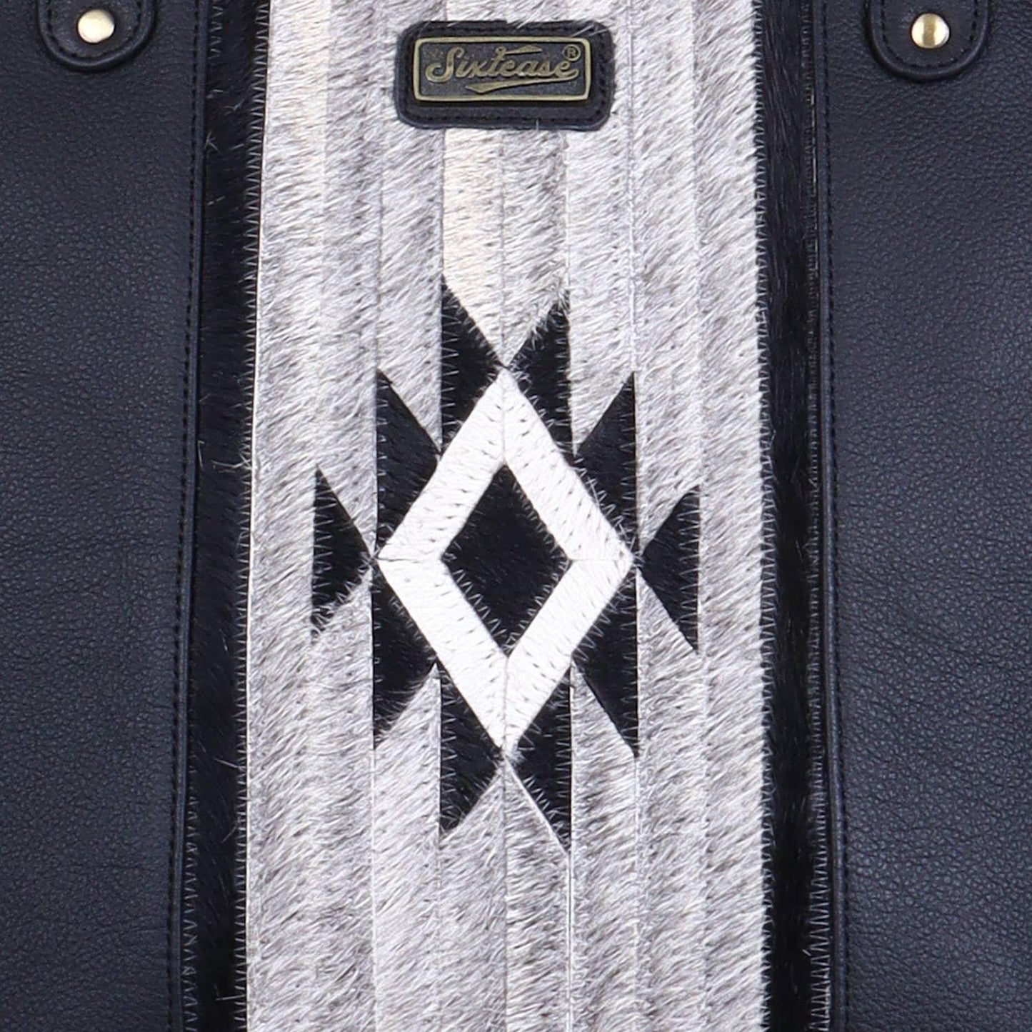 Sixtease Bags - Leather Cowhide Fringed Women Tote - Grey Black Aztec