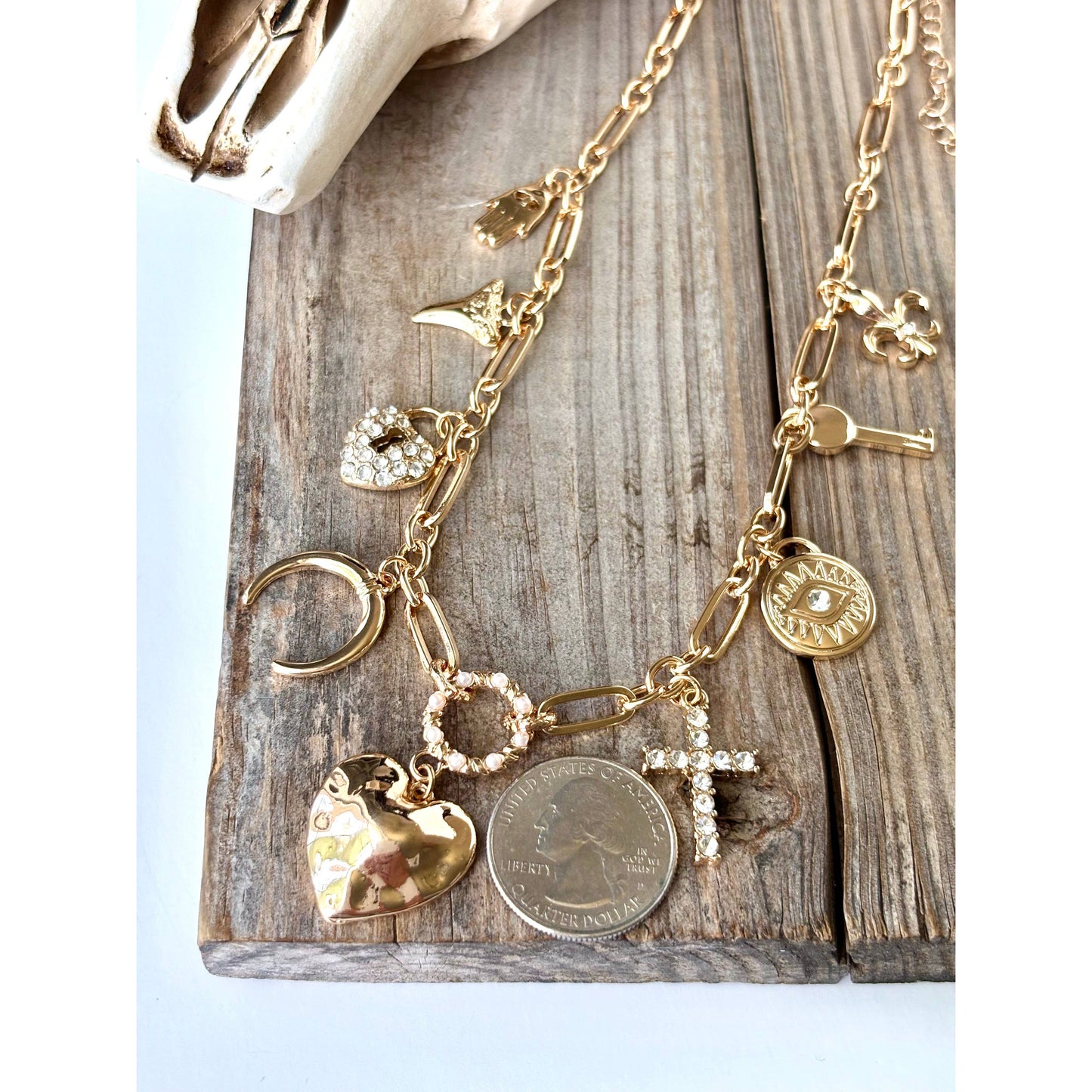 Heart Multi Charm Link Chain Necklace