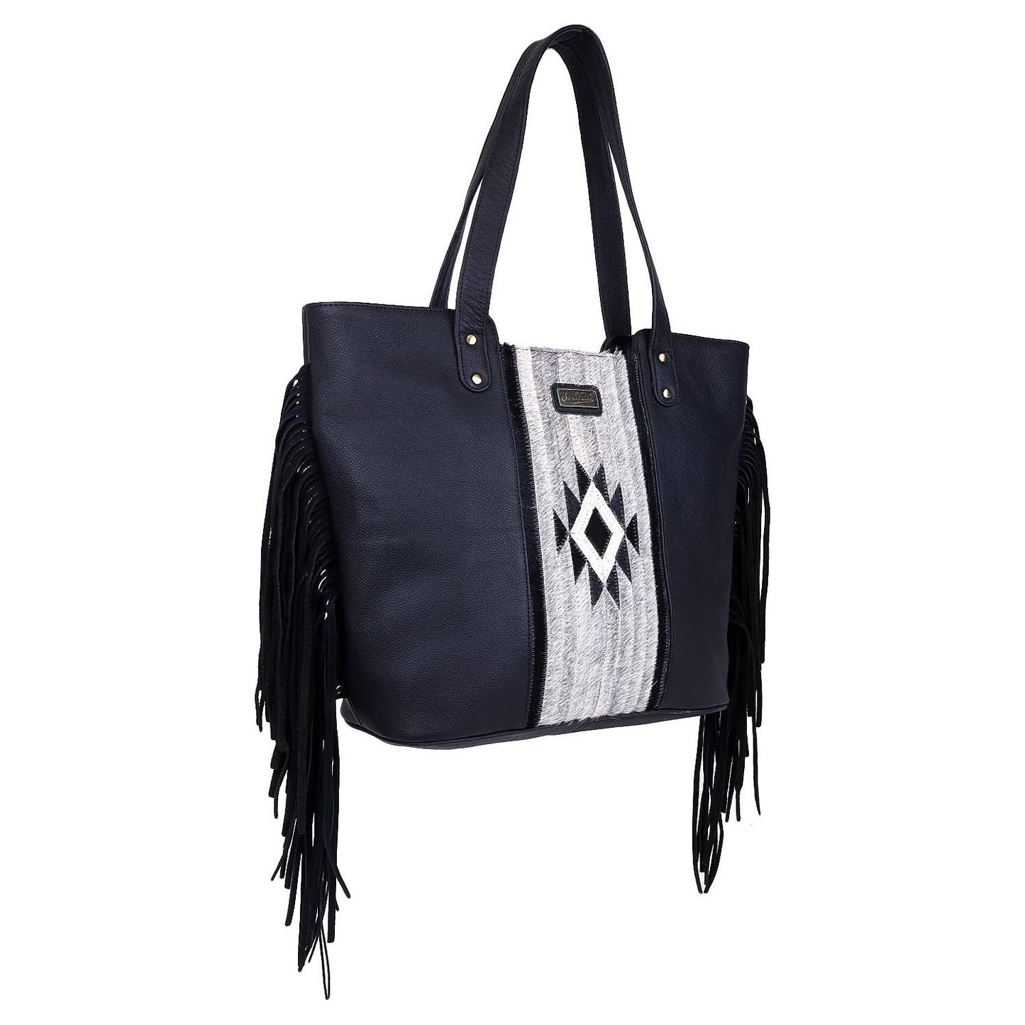 Sixtease Bags - Leather Cowhide Fringed Women Tote - Grey Black Aztec