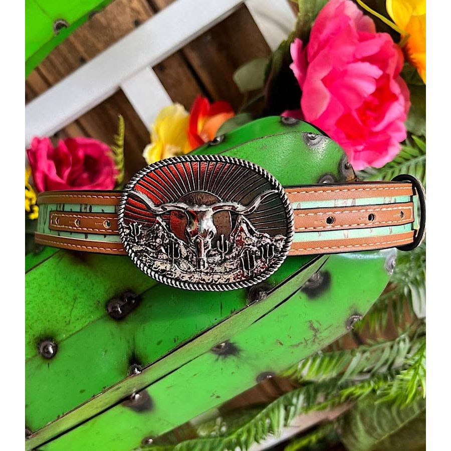 Cactus Printed Kids Belt/ Longhorn Cow Buckle. ACG65153006 S