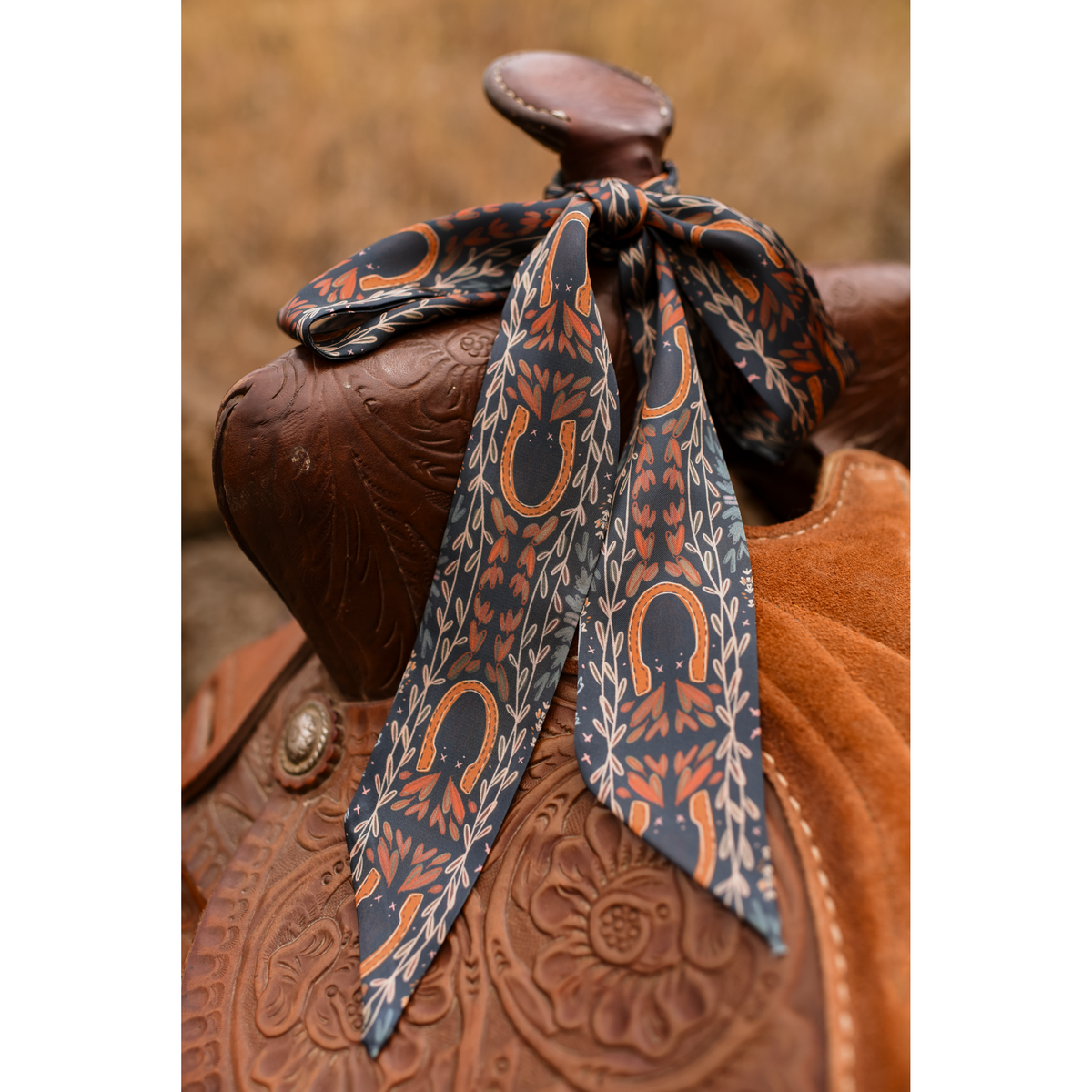 Western Harvest Twilly Scarf in Deep Juniper: Floral Western Satin Chiffon Green Scarf