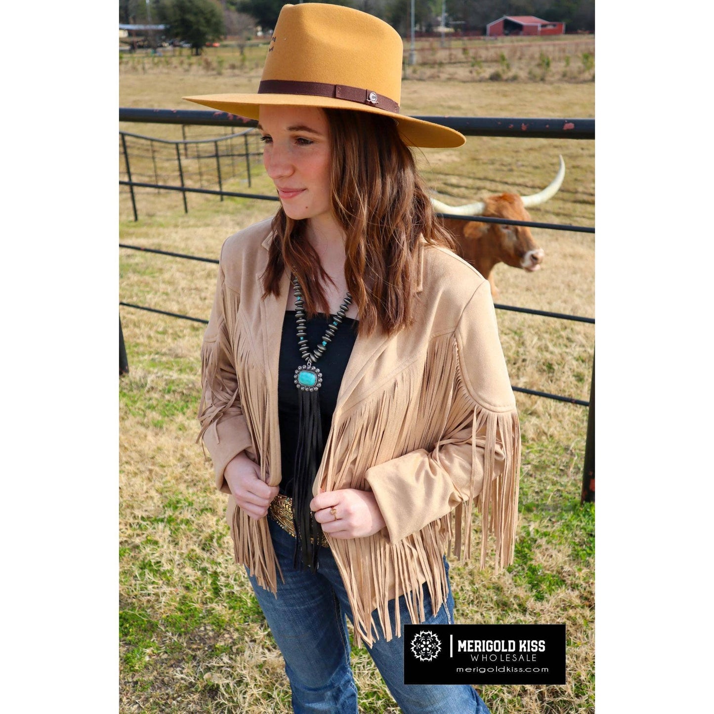 Merigold Kiss - MK208 Deluxe Rhinestone Fringe Vegan Suede Jacket -Taupe