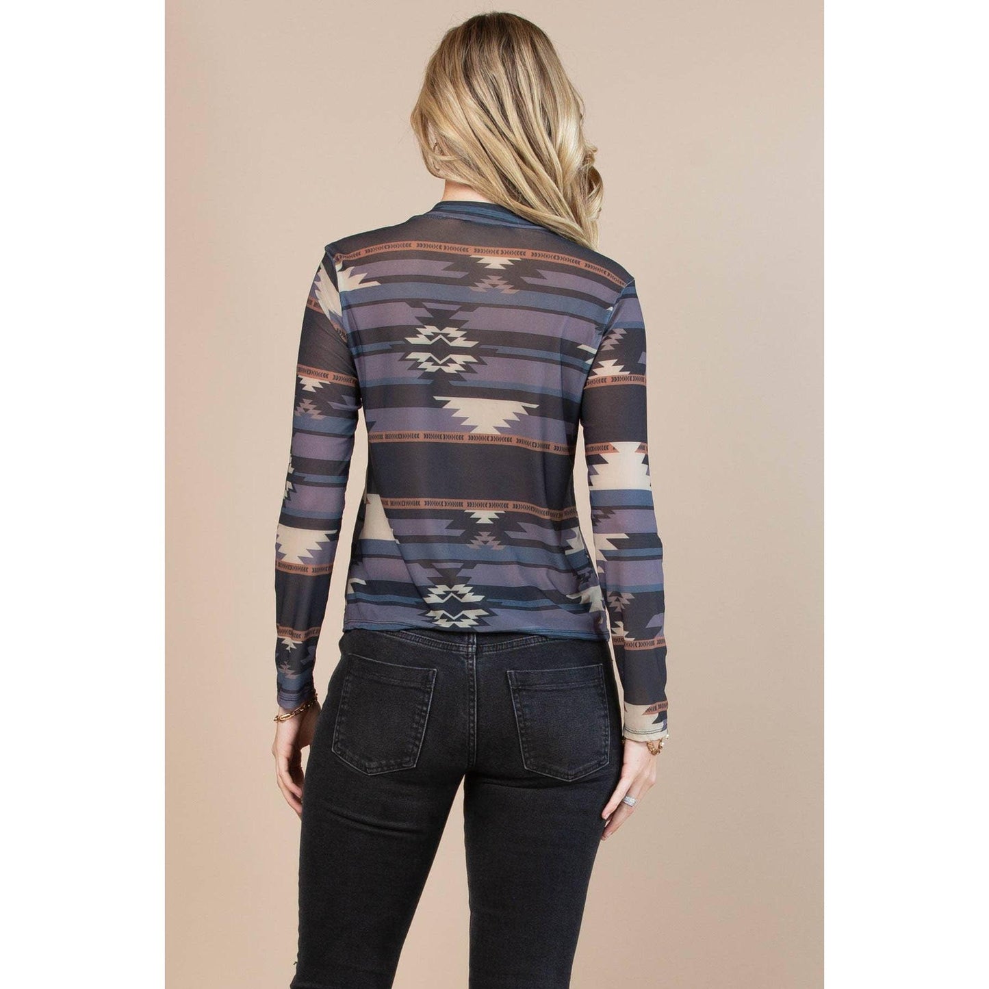 Nylon Apparel - T1502-3569-Tribal Western Print Mock Neck Long Sleeves Top