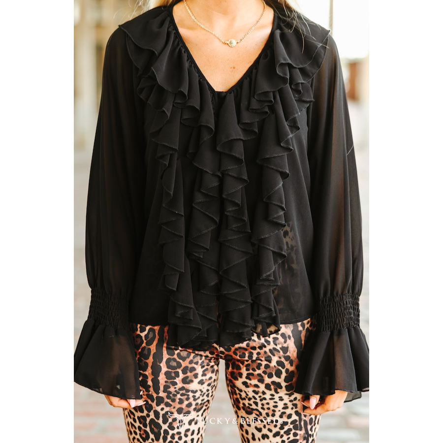 Black Pleated Ruffle Vintage Western Top