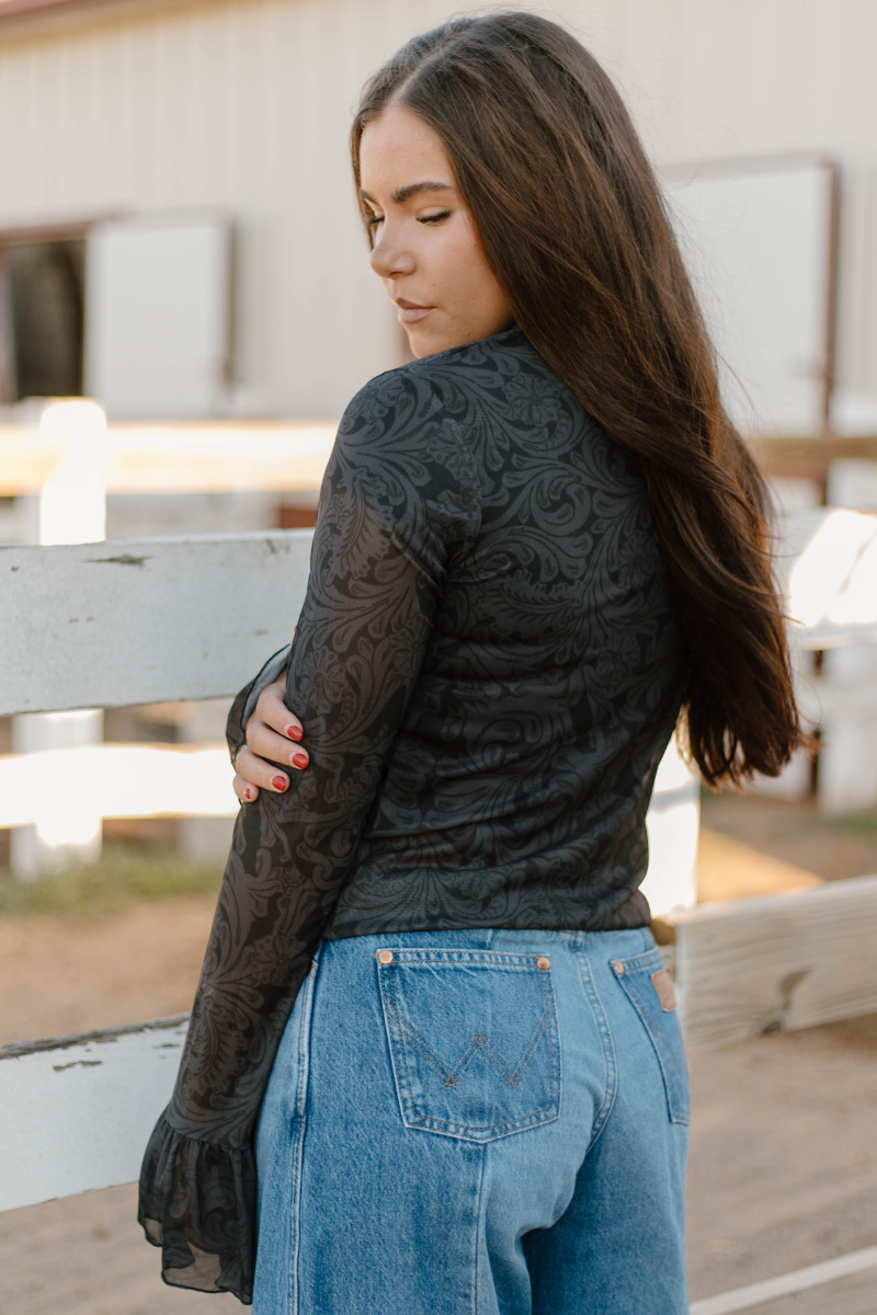 Sterling Silver Tooled In Black Mesh Top