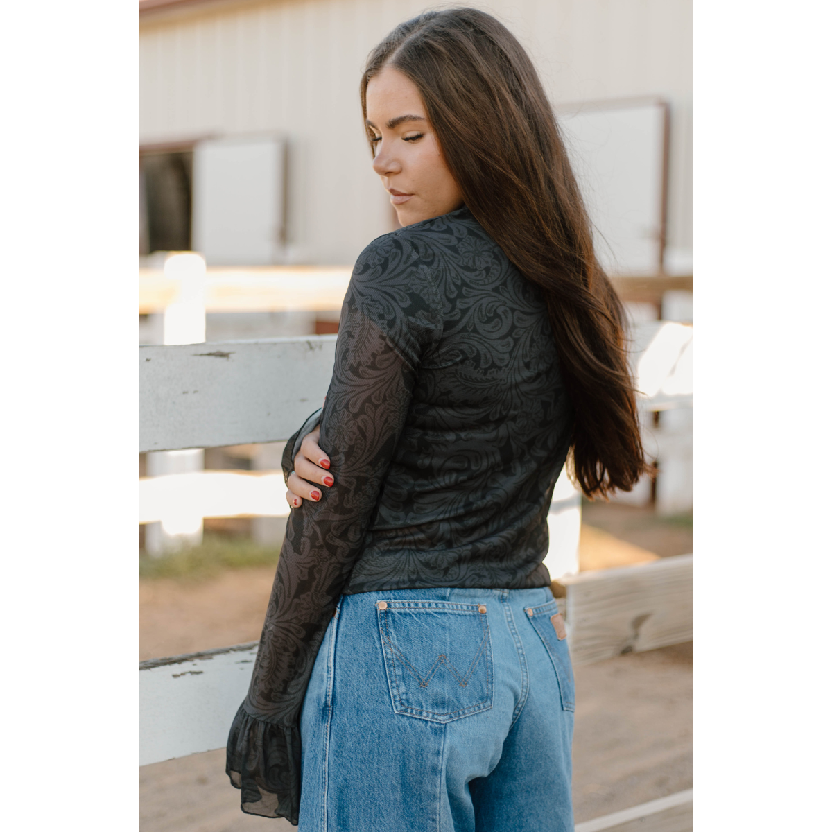 Sterling Silver Tooled In Black Mesh Top
