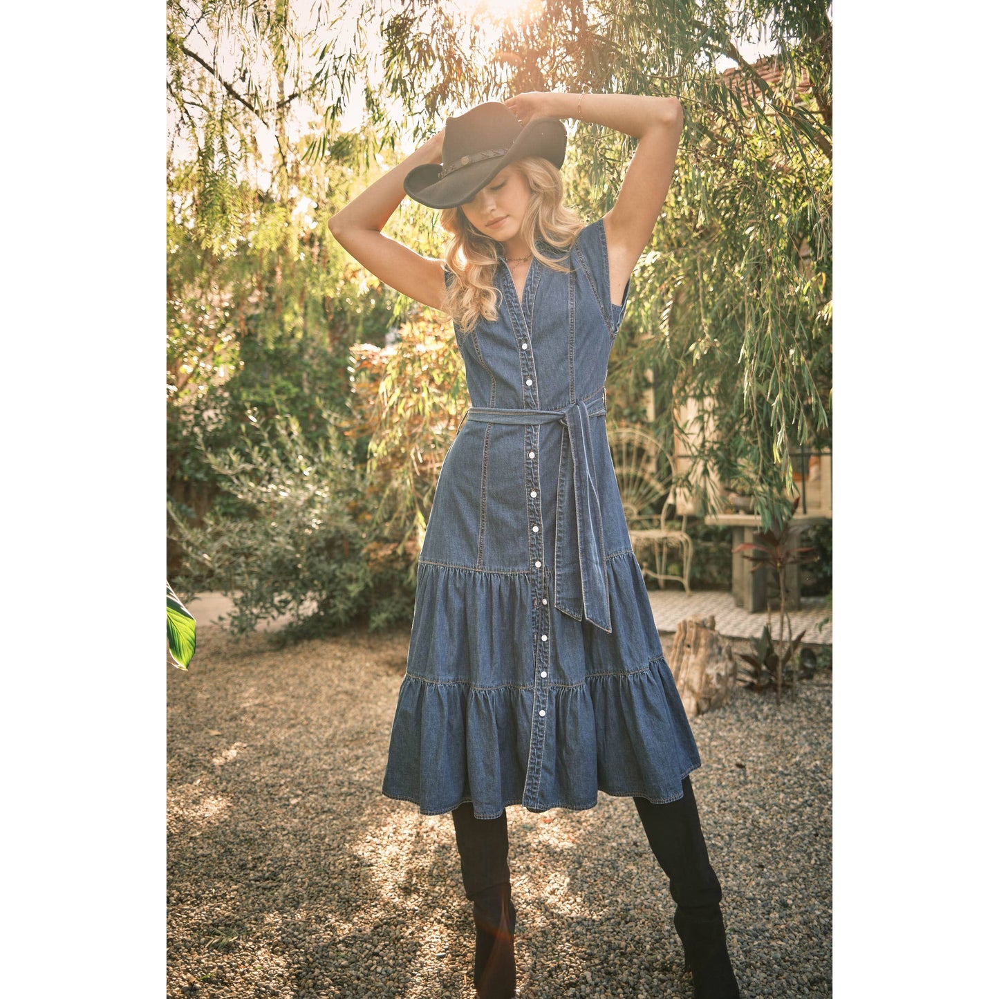 80189D - Belted Button Up Tiered Denim Midi Dress