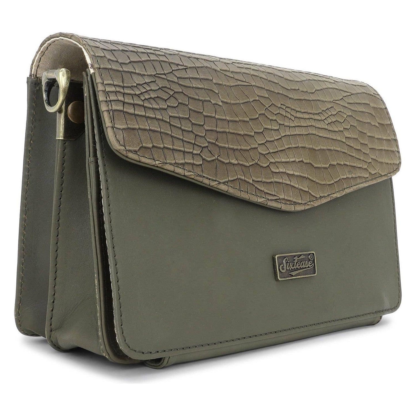 Sixtease Bags - Leather Womens Clutch Bag - Olive Croco Print