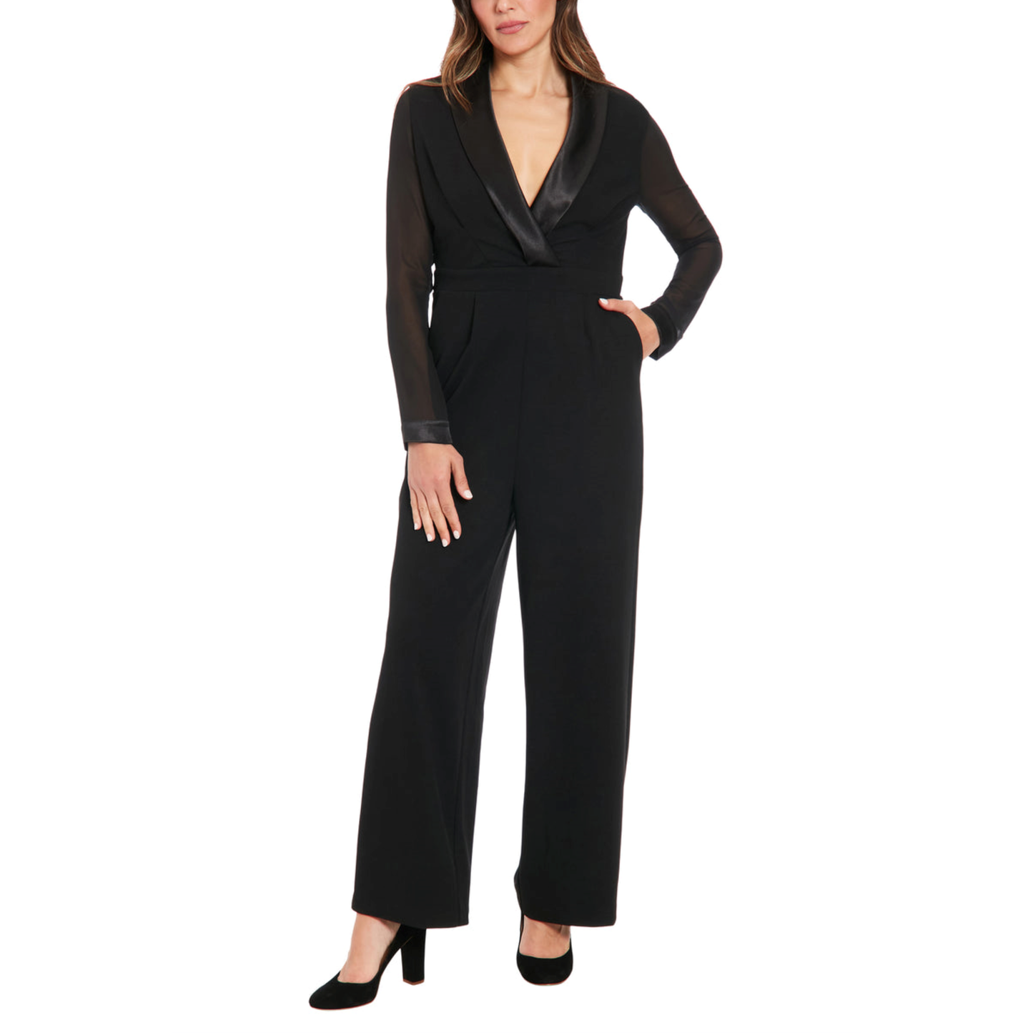 London Times Sheer Sleeve Wide Leg Tuxedo Jumpsuit