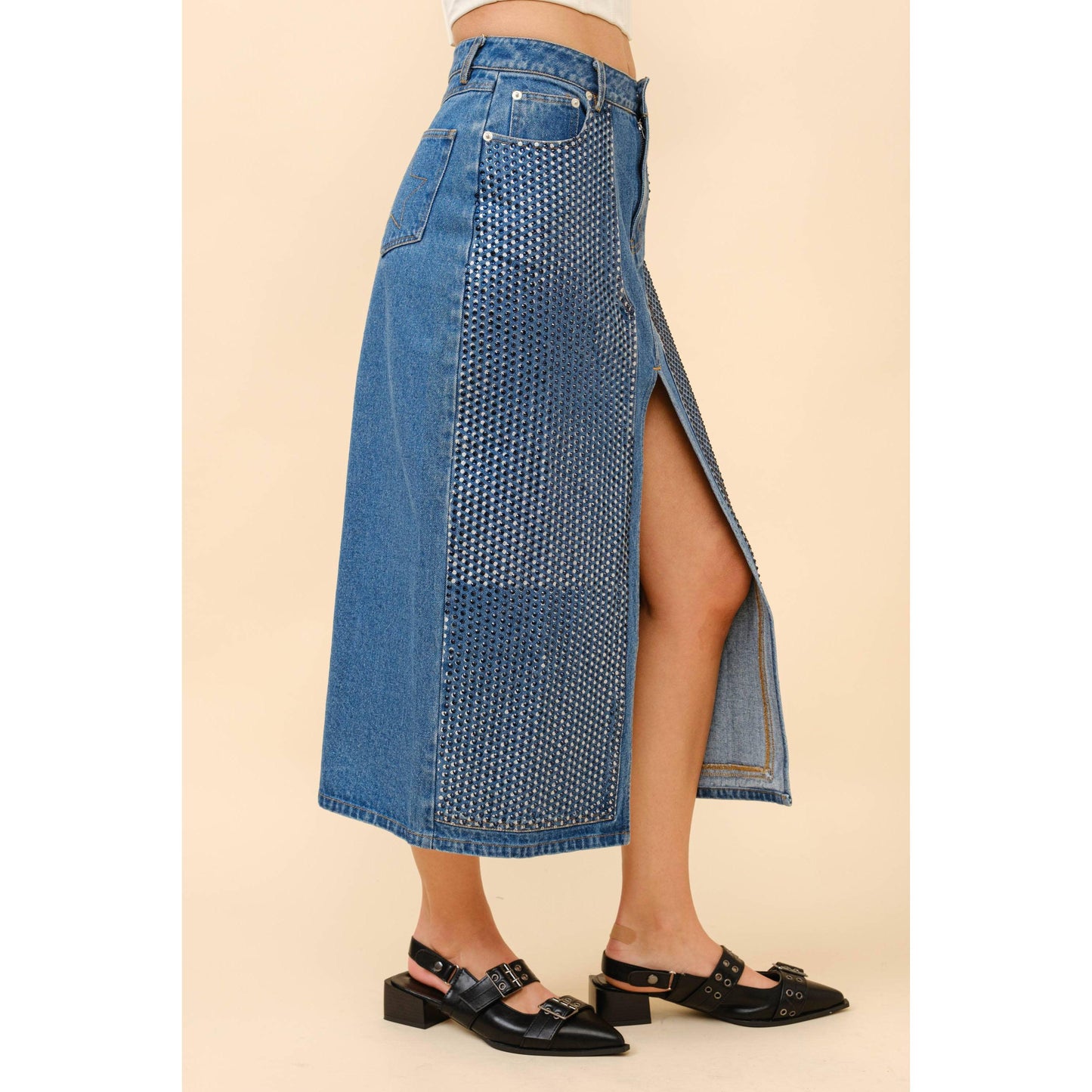 Blue B - 23052S - Embellished Stone Slit Midi Denim Skirt