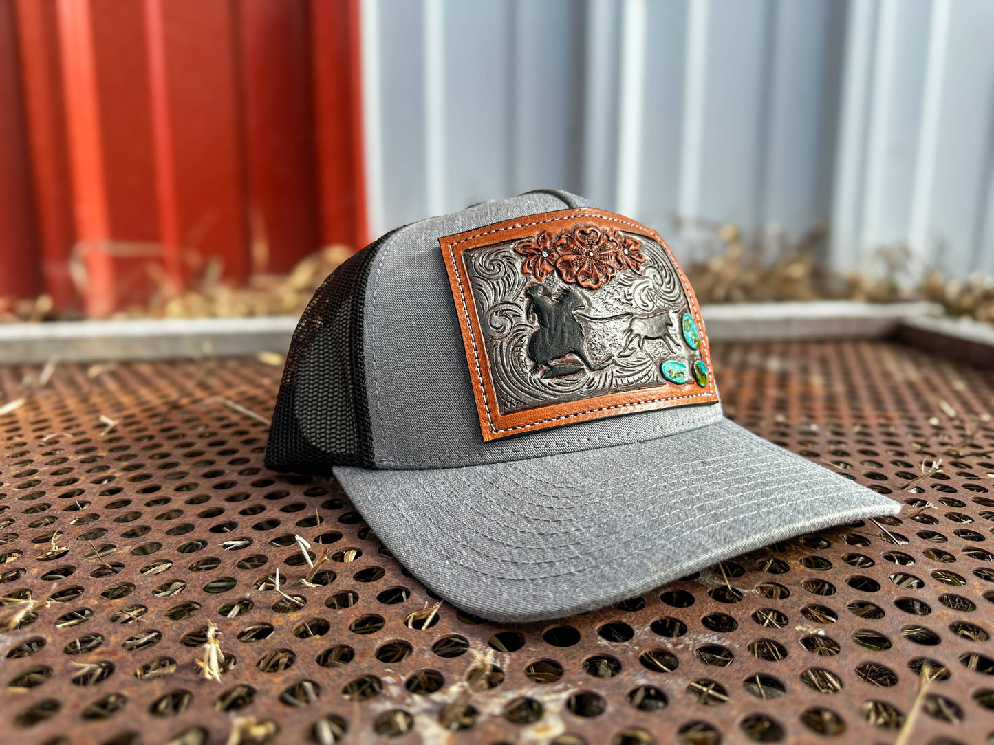 Breakaway Roper Tooled Leather Turquoise Patch Cap
