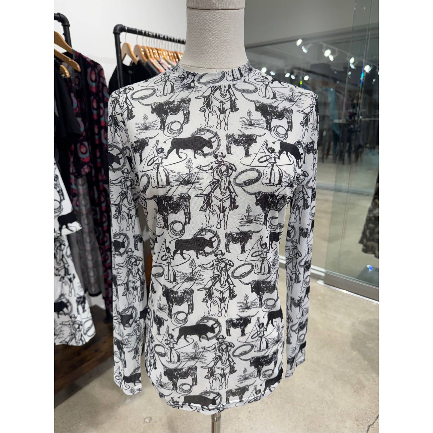 Rockin A Design - Lasso Your Longhorn mesh long sleeve top