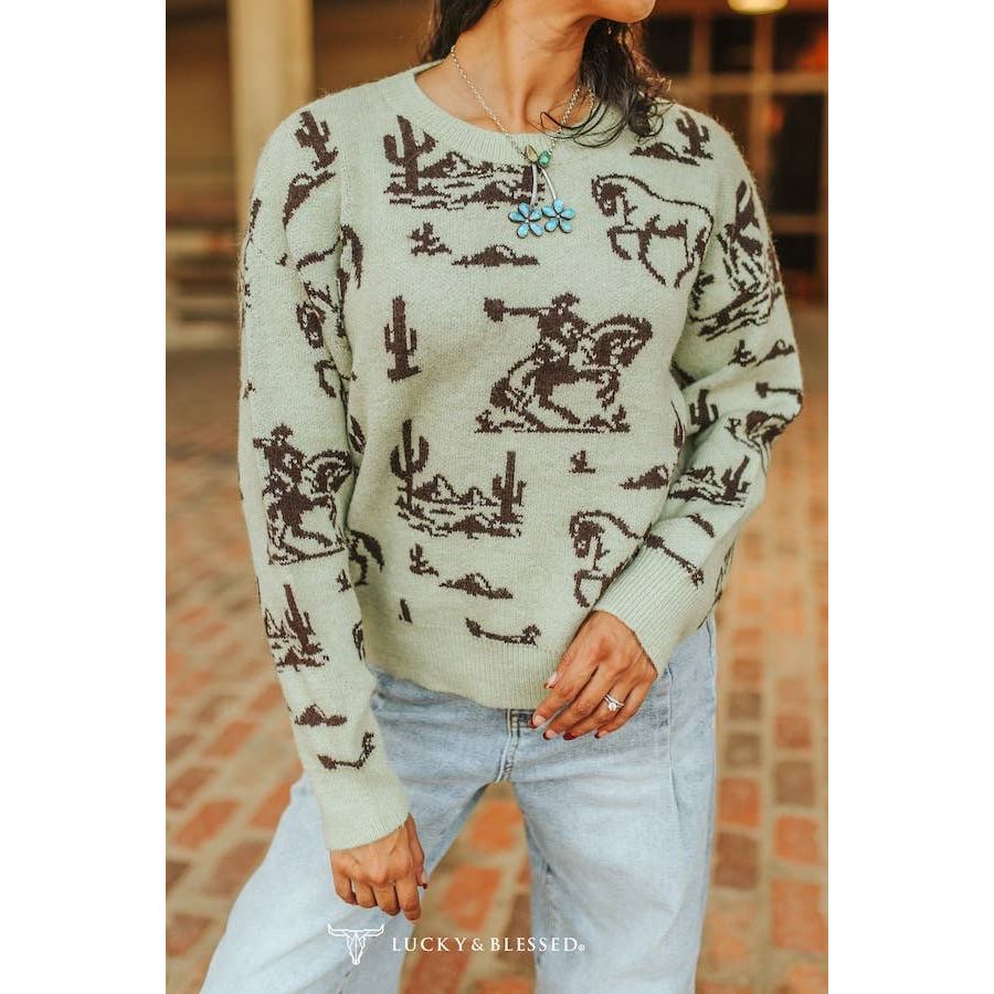 Olive Western Desert Printed Knitted Long Sleeve Sweater