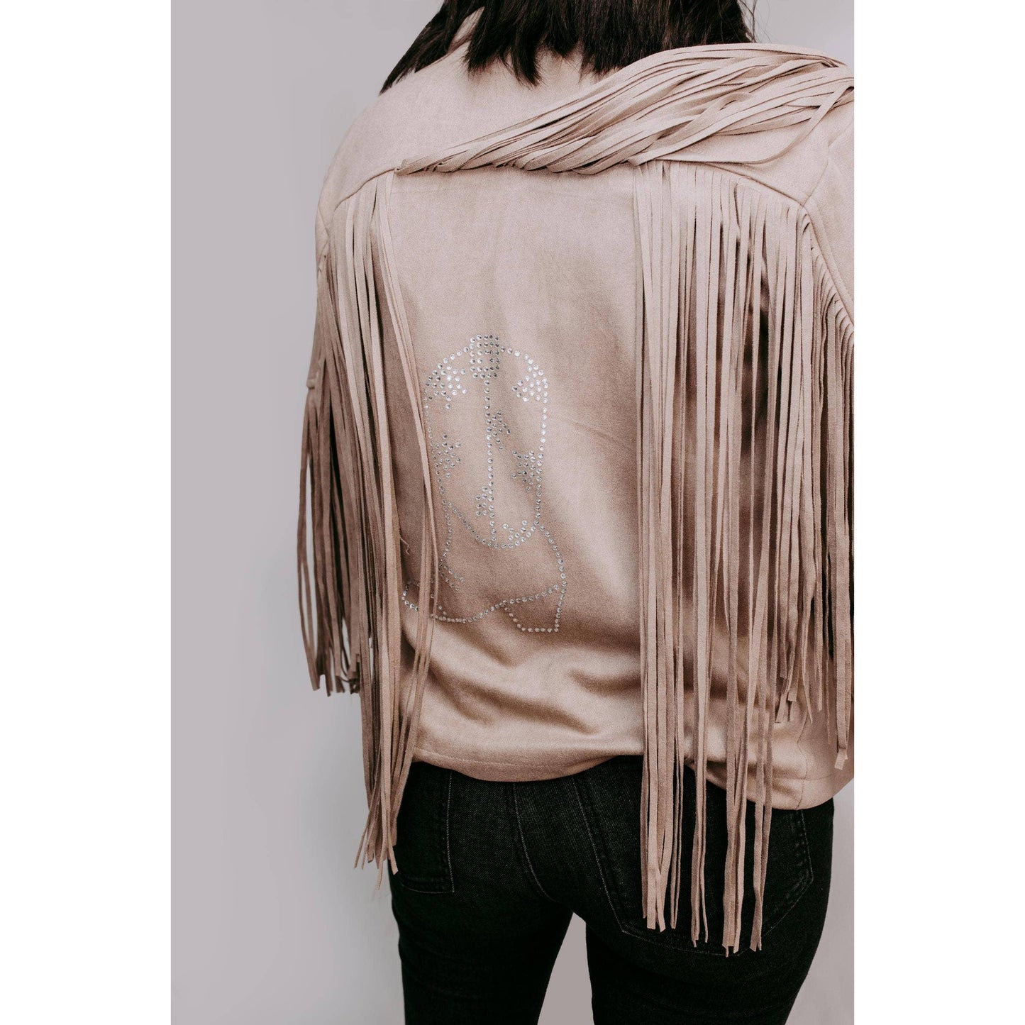 Merigold Kiss - MK208 Deluxe Rhinestone Fringe Vegan Suede Jacket -Taupe