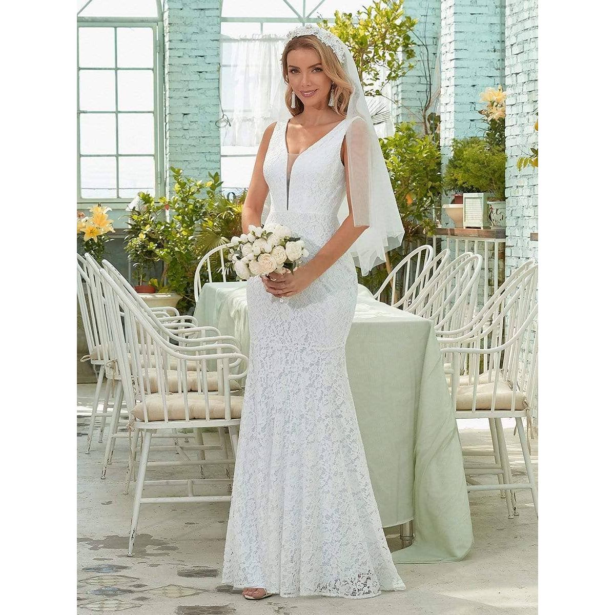 Ever-Pretty - Dainty Deep V Neck Sleeveless Lace Wedding Dress
