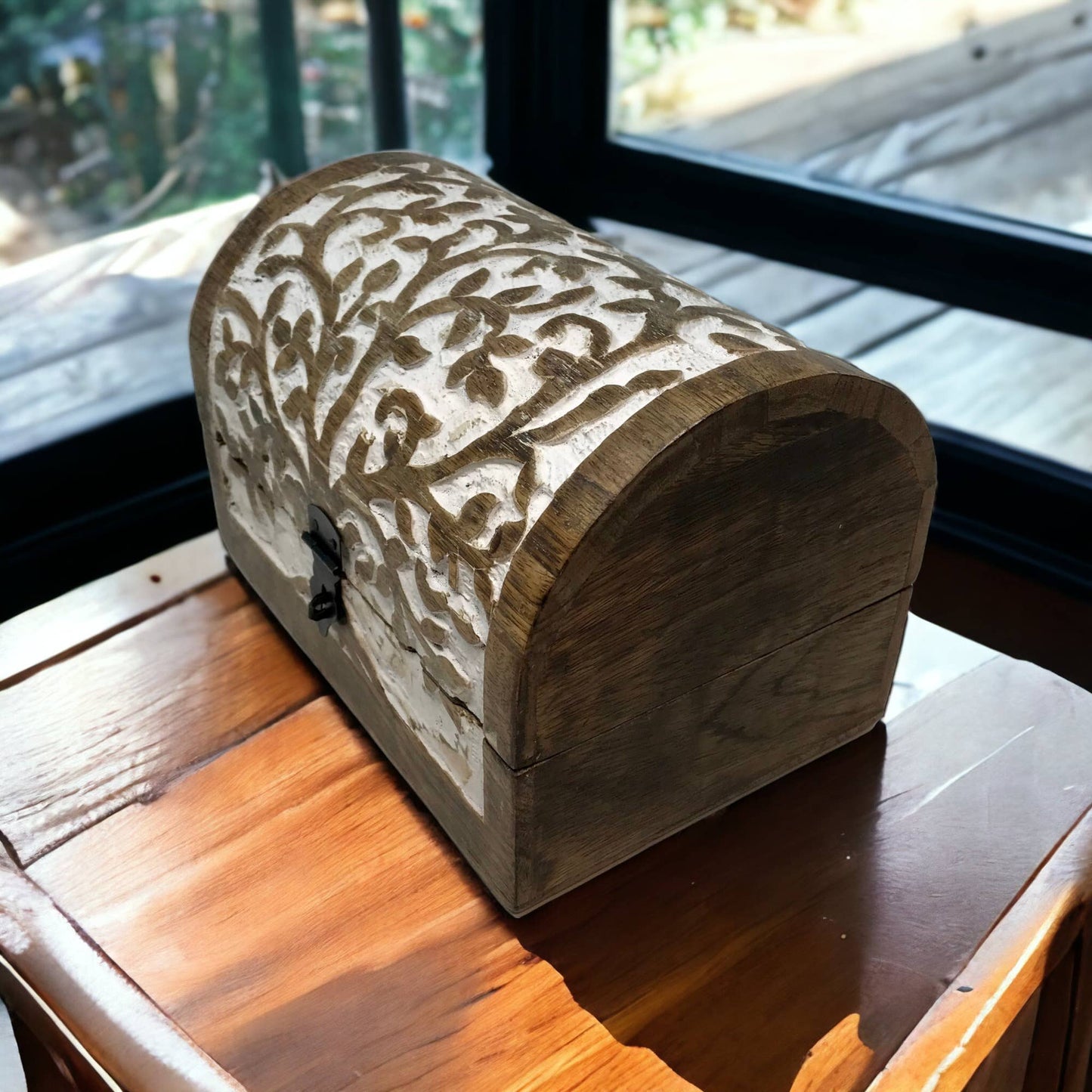 Hand-Carved Wood "Tree of Life"Hinged Box Chest Holiday