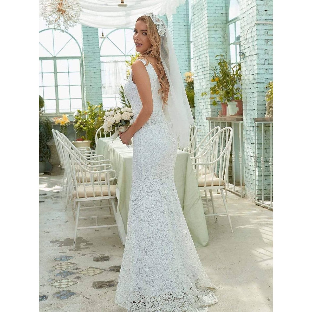 Ever-Pretty - Dainty Deep V Neck Sleeveless Lace Wedding Dress