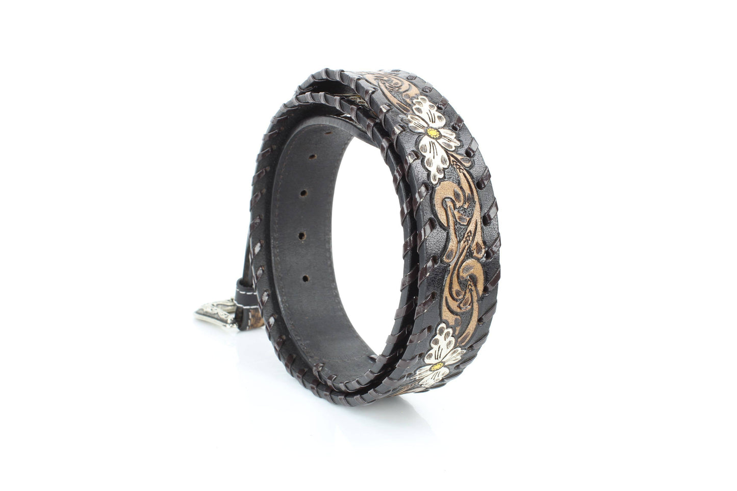 Floral Belt | White Painted Flowers & Whipstitch ABB-14-121