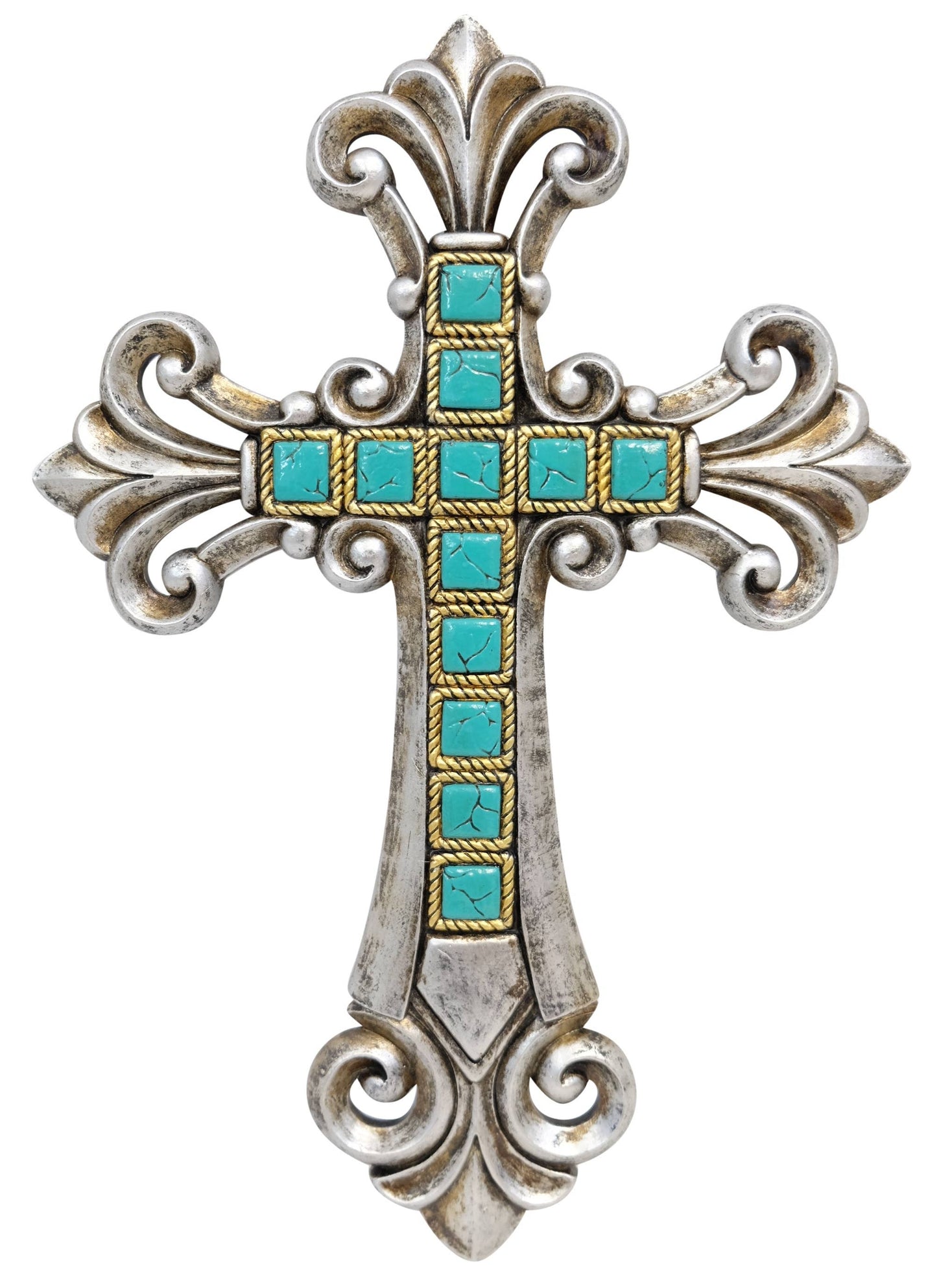 Silver and Turquoise Tile Fleur De Lis Hanging Wall Cross