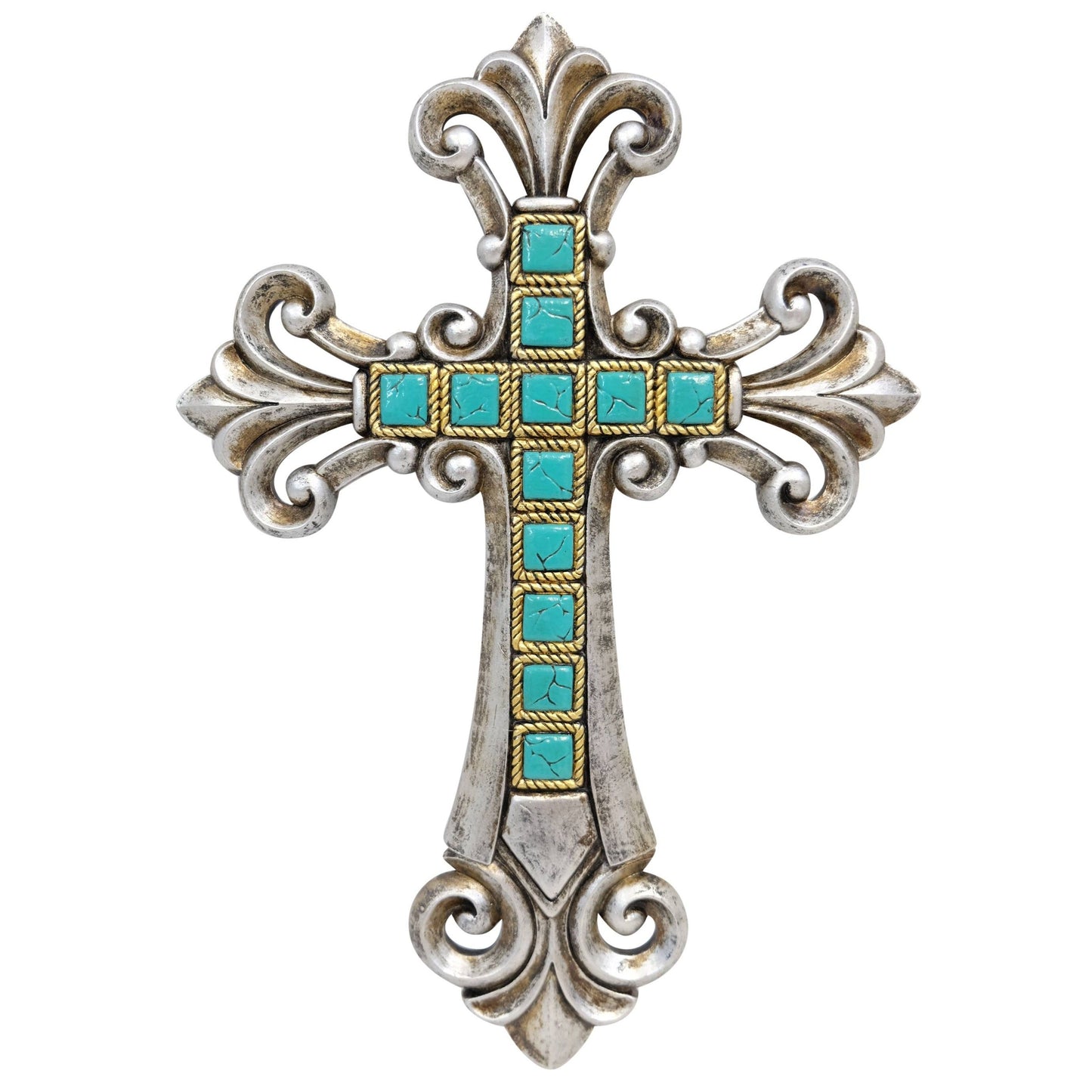 Silver and Turquoise Tile Fleur De Lis Hanging Wall Cross