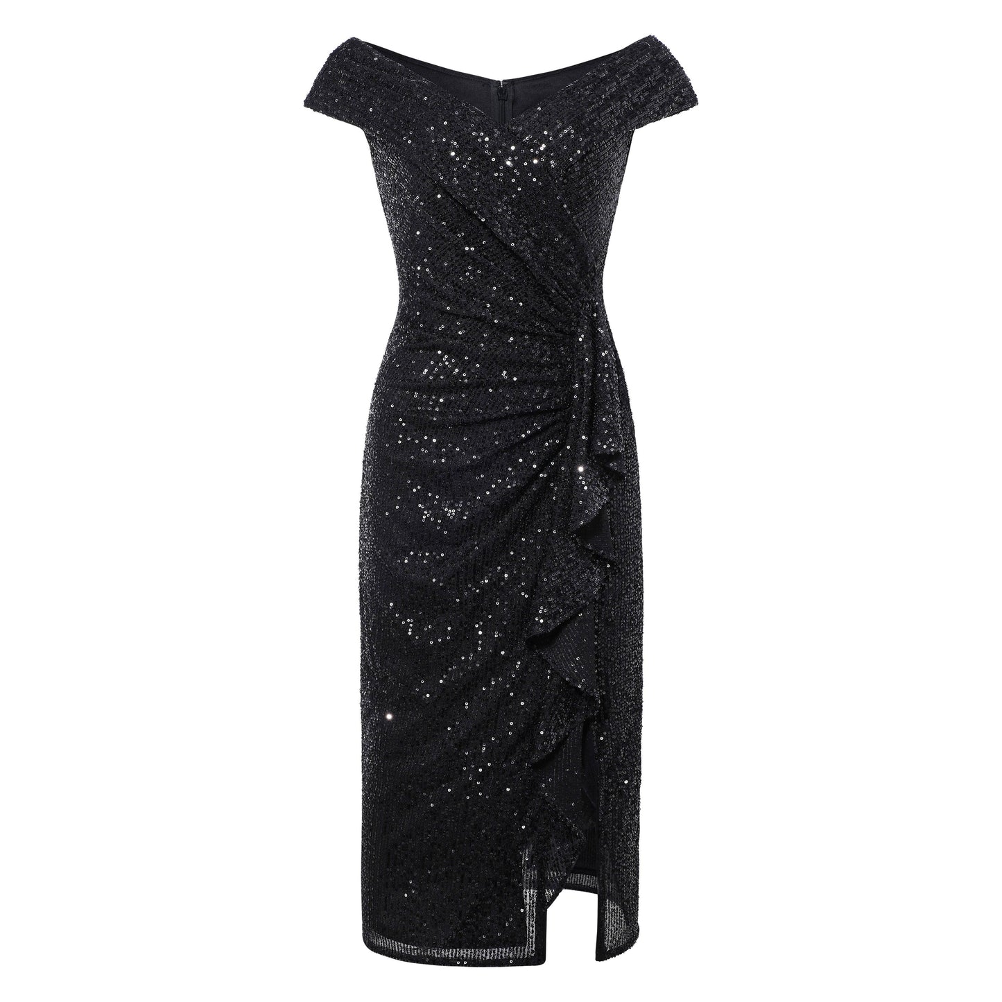 Draped Cascading Ruffle Sequin Cocktail Dress