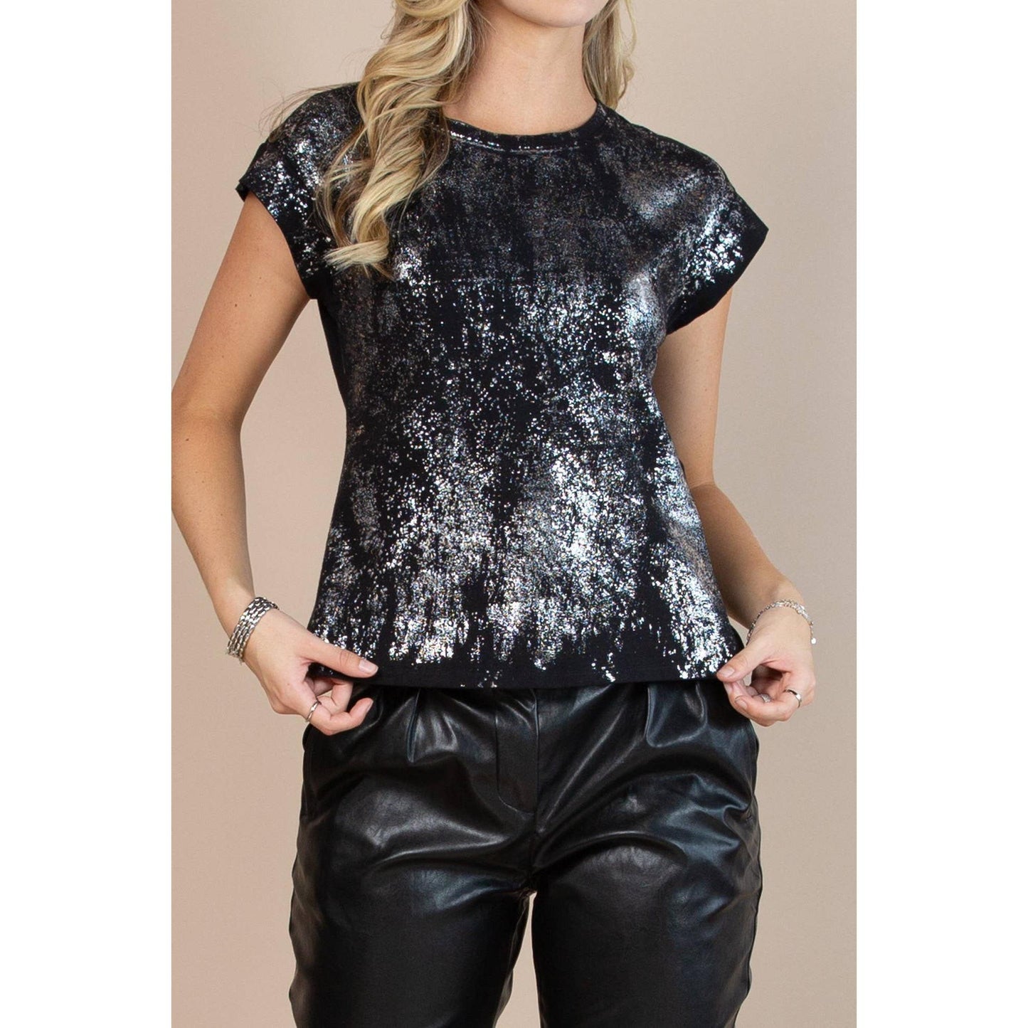 Nylon Apparel - T1536-SIlver-Metallic Silver Splash Detail Round Neck Top