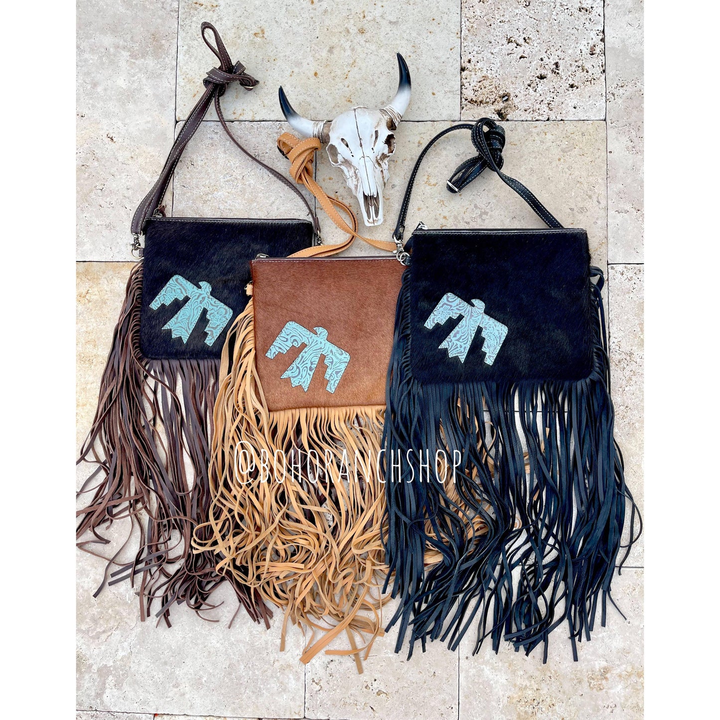 Boho Ranch Shop - THUNDERBIRD COWHIDE CROSSBODY tooled Leather Cowhide Clutch