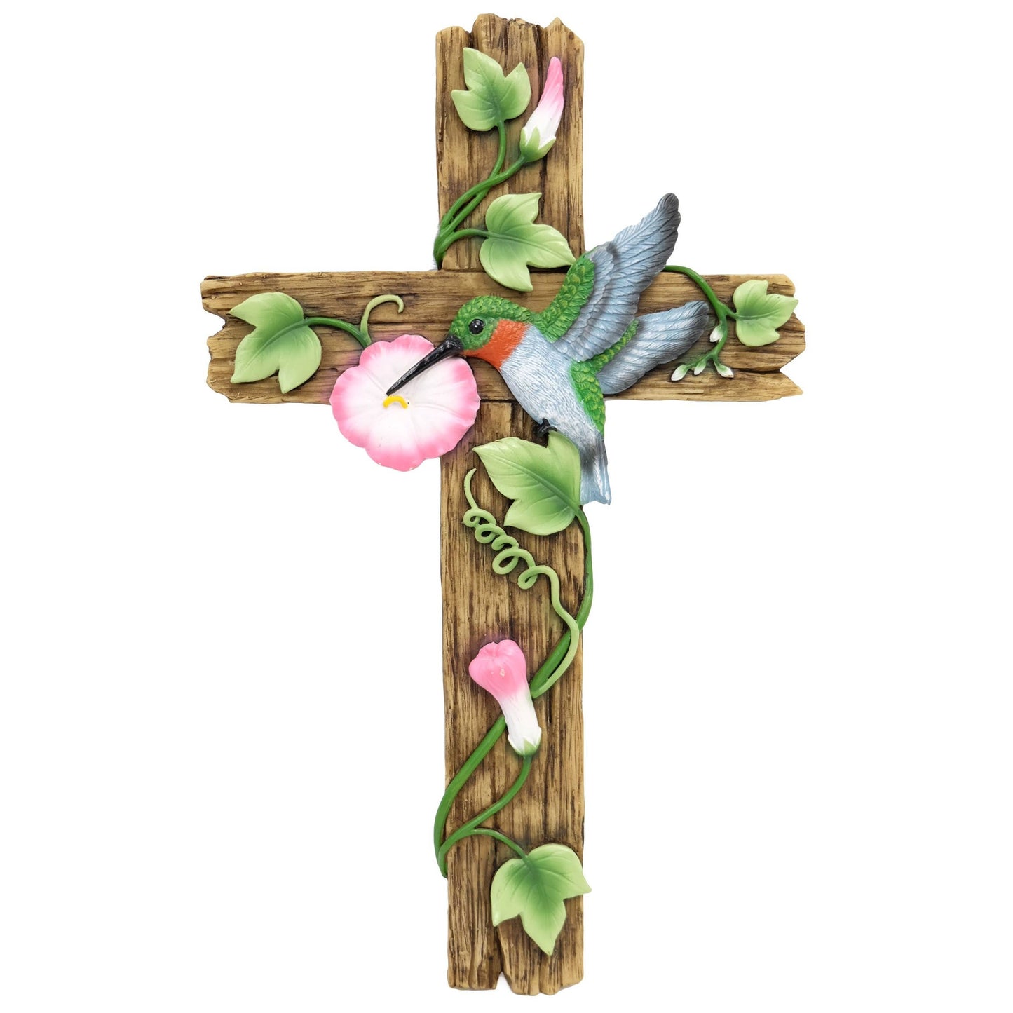 Resin Hummingbird Pink Floral Garden Hanging Wall Cross