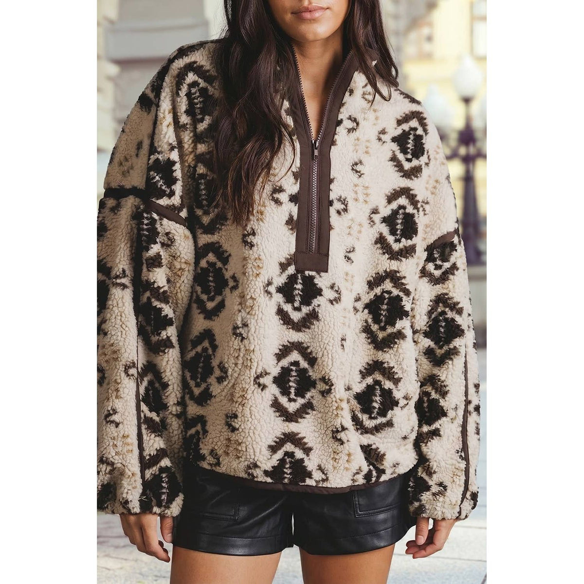 Western Style Aztec Print Sherpa Fleece Half-Zip Sweatshirt