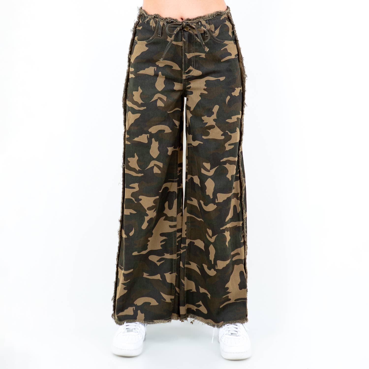 American Bazi - CAMOUFLAGE FRAYED EDGE WIDE LEG PANTS-RJH30775CM