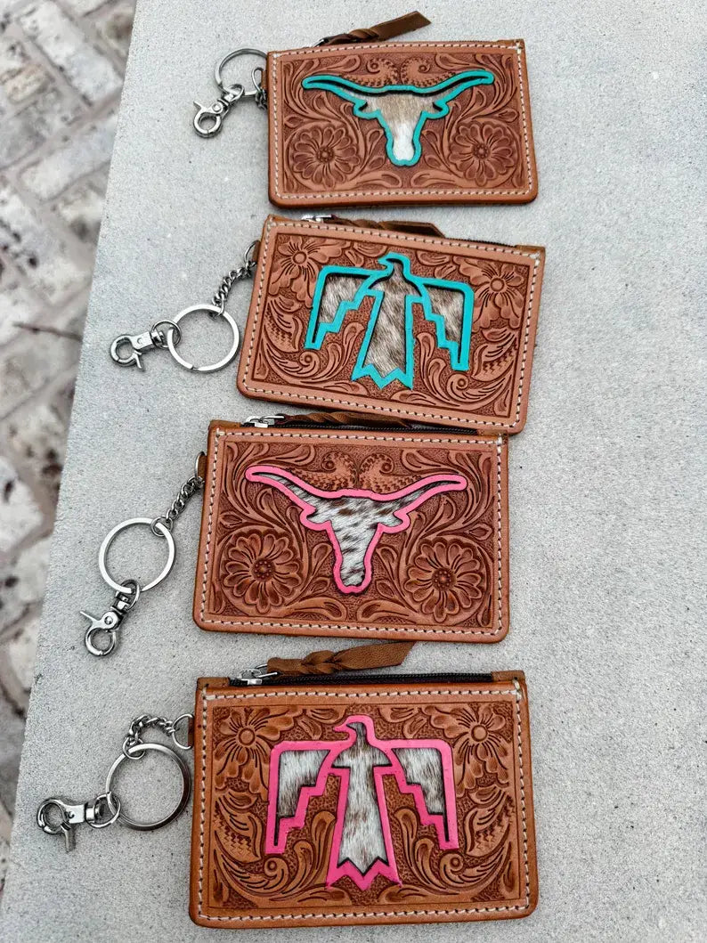 TAN Cowhide Leather Keychain Wallet Longhorn Thunderbird