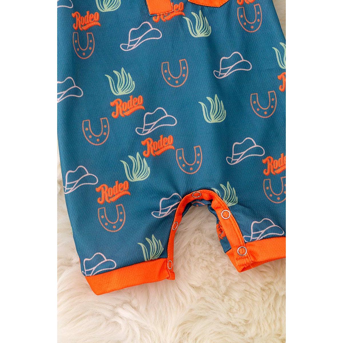 Kids Charm Online - Rodeo blue and orange trim cactus printed baby romper. RPB50271 AMY