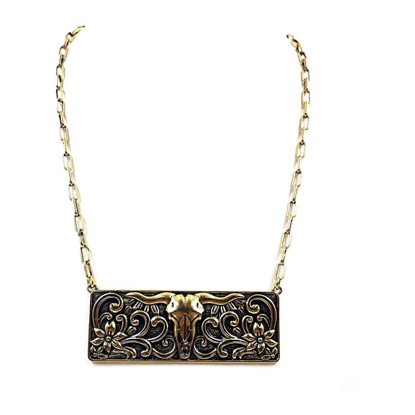 Snowing West - Western Steer Head Metal Plate Necklace
