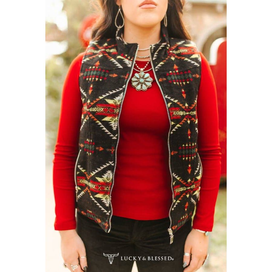 Plus Size Black Red Aztec Quilted Lined Zip-up Vest
