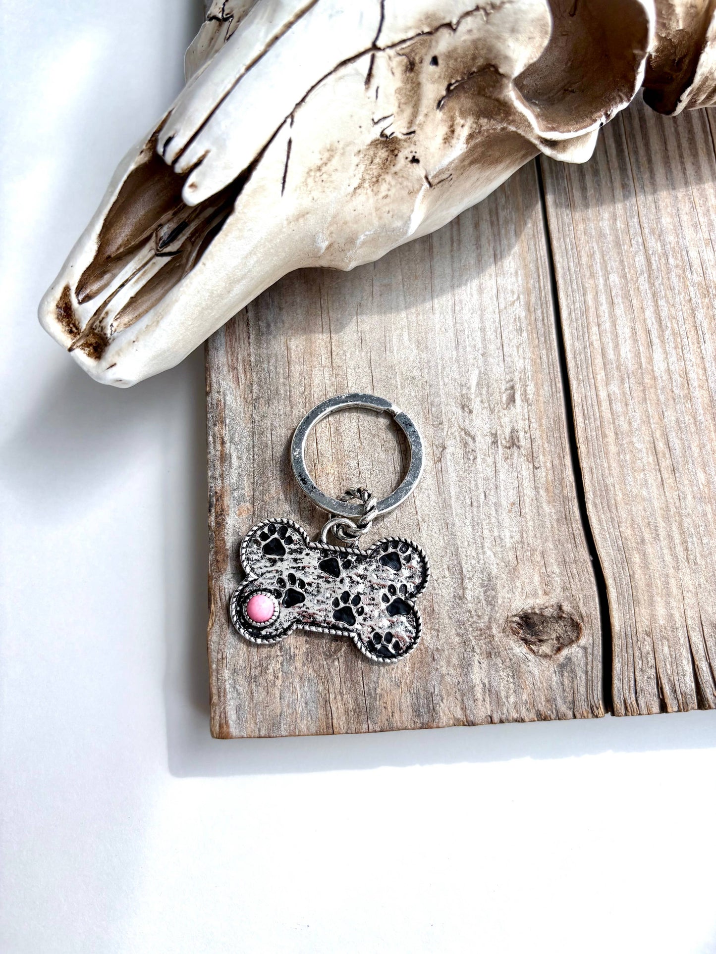 Paw Printed Dog Bone Metal Pendant Keychain