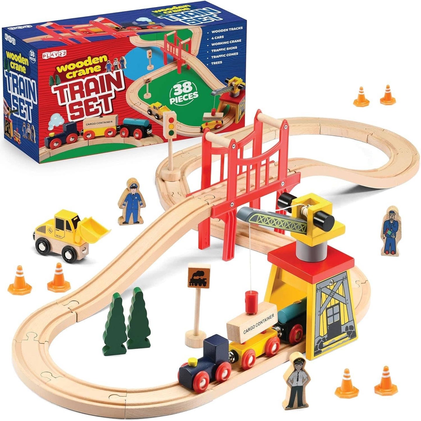 Play22 - 38-Pc Wooden Train Set for Toddlers - Crane & Bridg