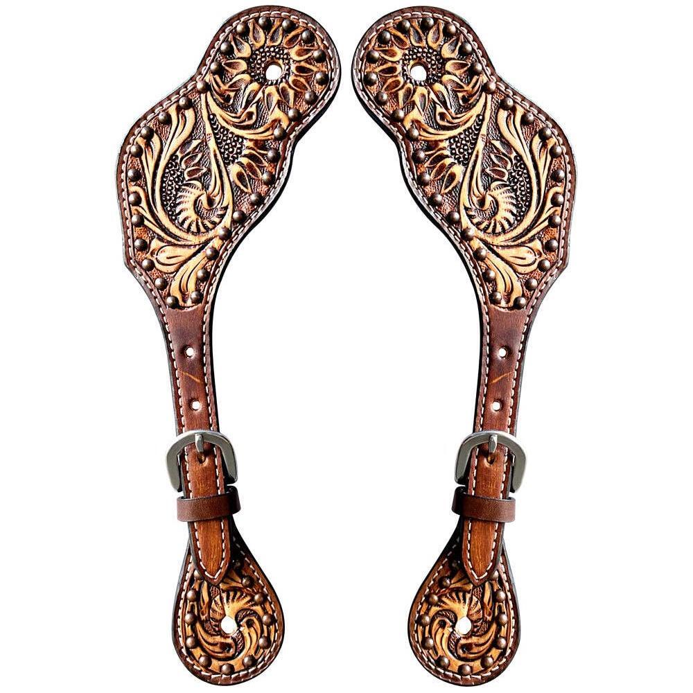 BarH Tack - Floral Hand Carved Horse Western Leather Spur straps Brown