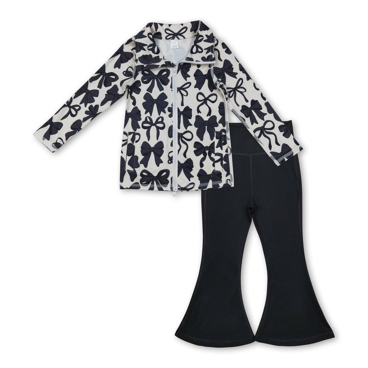 Black Bows Zip Pullover Black Pants Girls Yoga Clothing Set