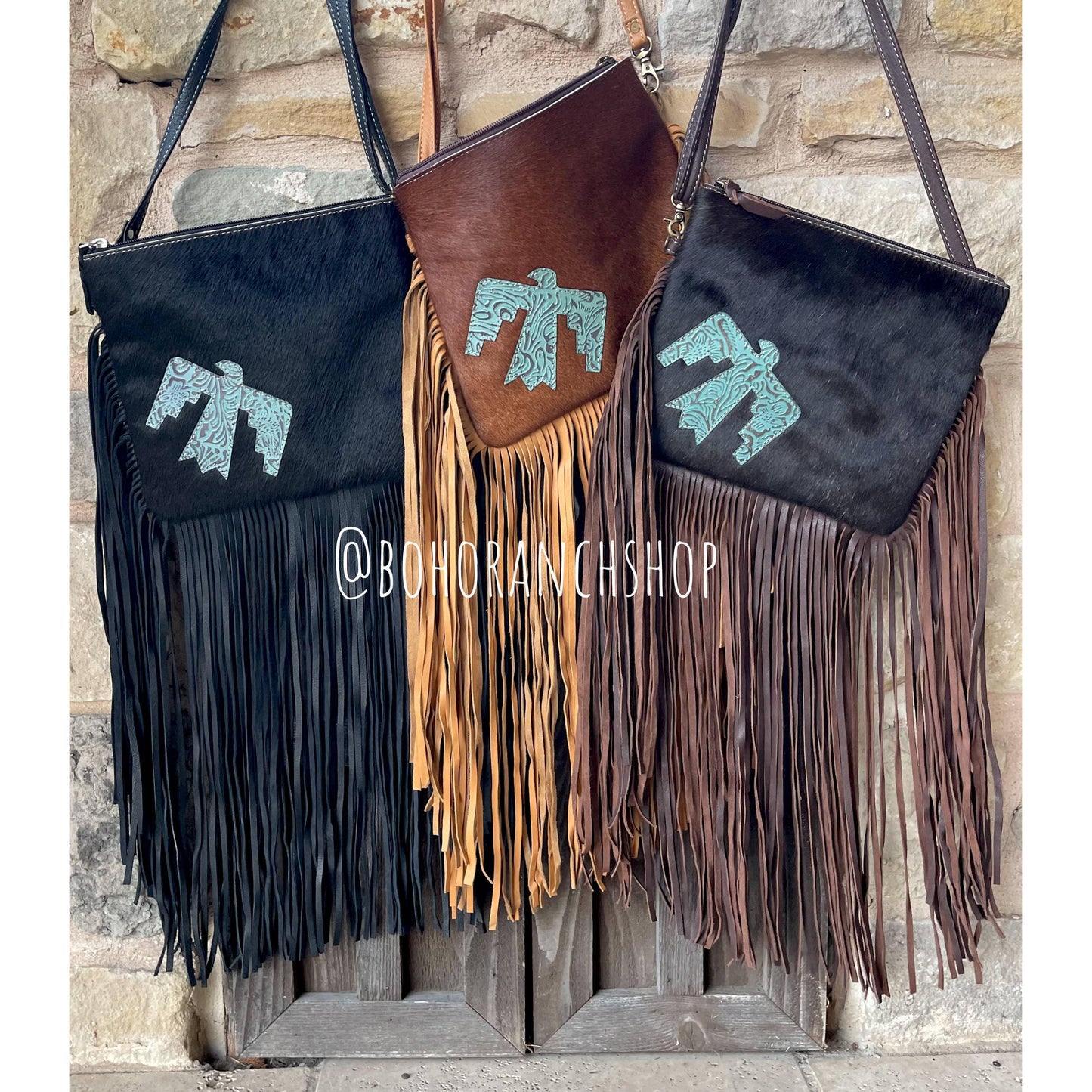 Boho Ranch Shop - THUNDERBIRD COWHIDE CROSSBODY tooled Leather Cowhide Clutch